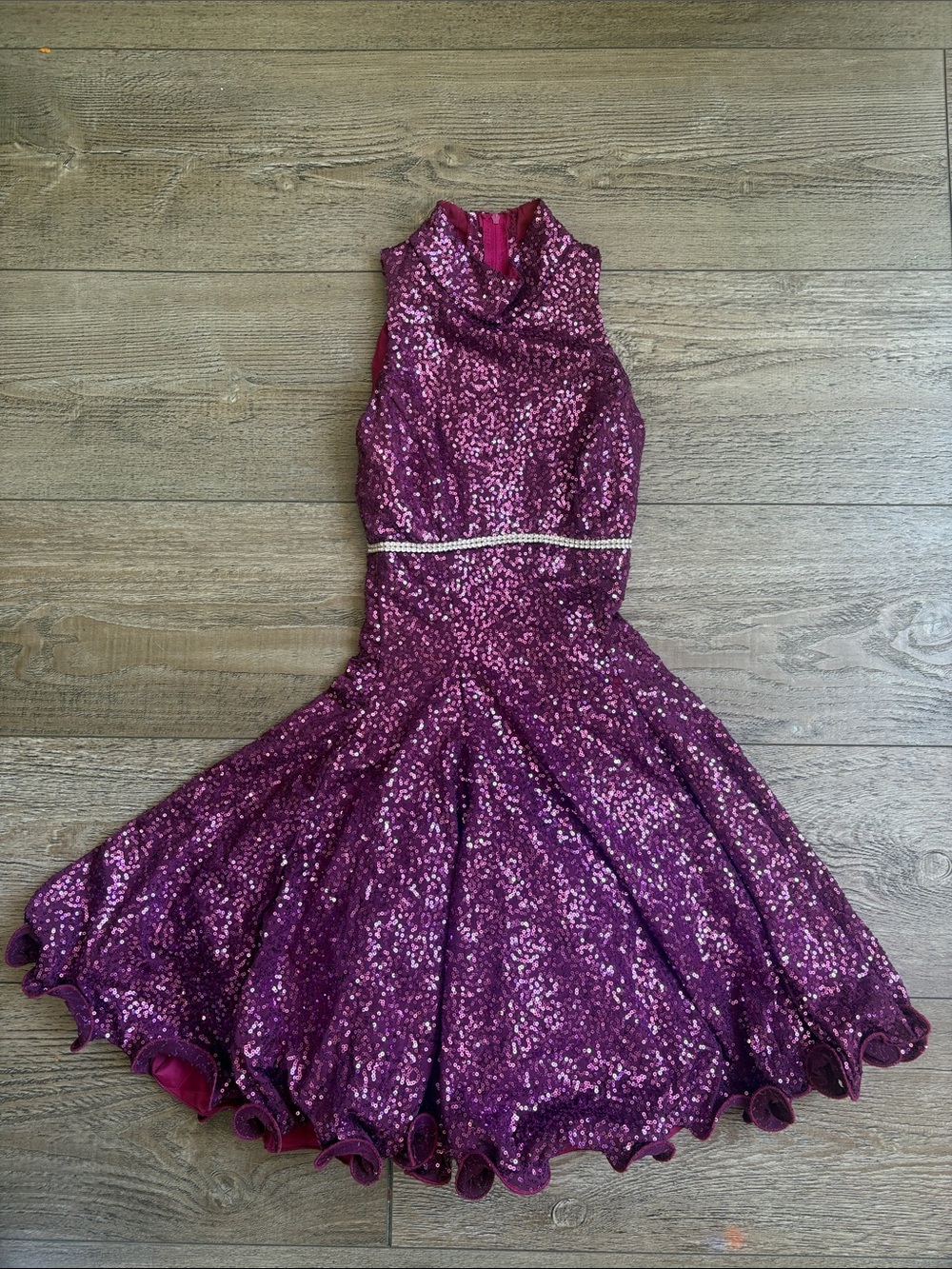 Vintage Rivars Sparkly Sequin Skater Dress in Deep Magenta w Rhinestone Waist